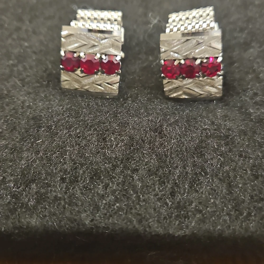 Vintage Silver and Red Gemstone Cufflinks